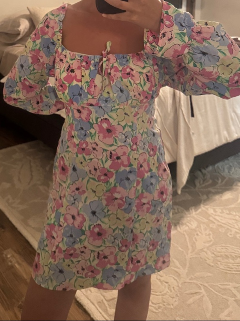 Floral Pastel Puff-Sleeve Kids Dress - Pink & Blue